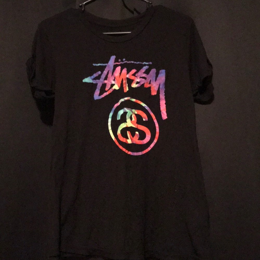 Stussy all black shirt with tie dye logo